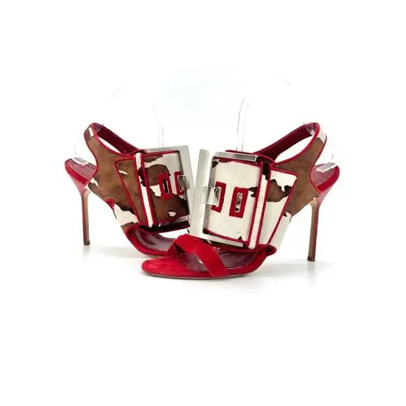 Manolo Blahnik Martamucco Buckle Cow Print Pony Style Calf Hair Sandals 40 - Picture 2 of 9
